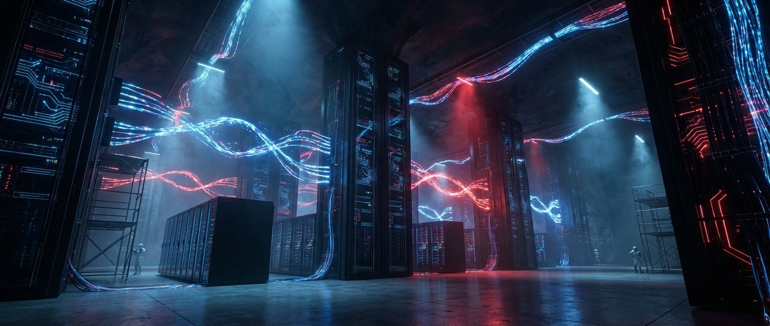 Interior de un centro de datos futurista con largas filas de servidores negros, interconectados por haces de luz roja y azul que simulan flujos de datos. El espacio es oscuro y neblinoso, con el suelo reflectante y algunos técnicos presentes.