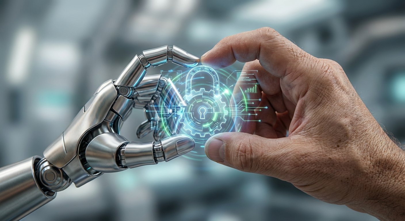 Una mano robótica plateada y una mano humana tocan un holograma brillante de un candado digital con un engranaje y gráficos de datos.