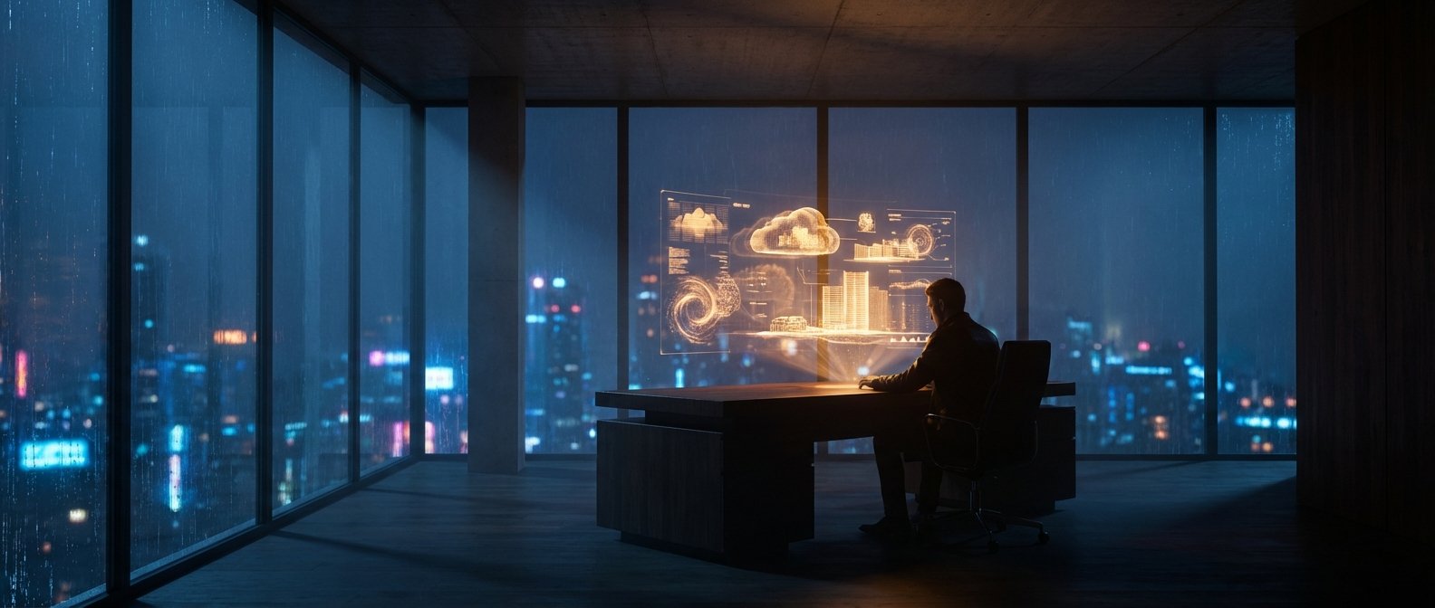 Un hombre de espaldas trabaja en un escritorio oscuro frente a una gran pantalla holográfica interactiva que muestra datos, nubes y edificios futuristas, con una ciudad nocturna lluviosa y luces borrosas al fondo.