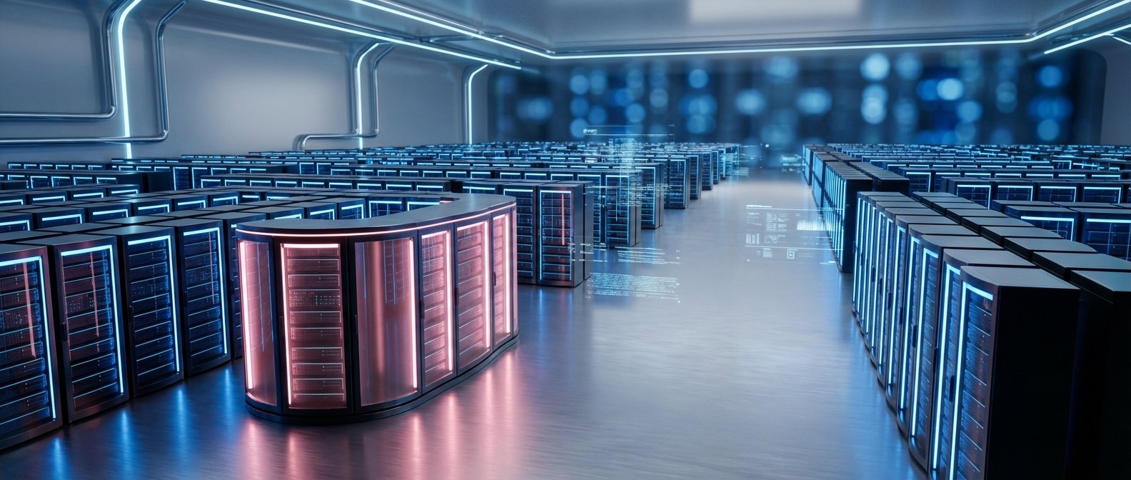 Amplio centro de datos moderno con filas de racks de servidores, la mayoría iluminados con luces LED azules y algunos racks curvos en primer plano con luces rojas. También se aprecian datos holográficos flotando en el ambiente y luces de neón en el techo.