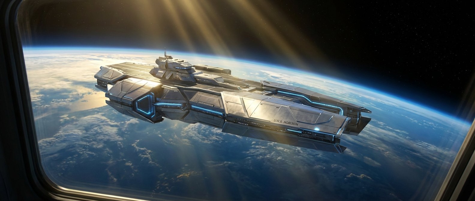 Una astronave futurista con el nombre U.N.S. HORIZON y luces azules, orbitando la Tierra, vista desde la ventana de otra nave, con nubes y rayos de sol iluminando la escena.