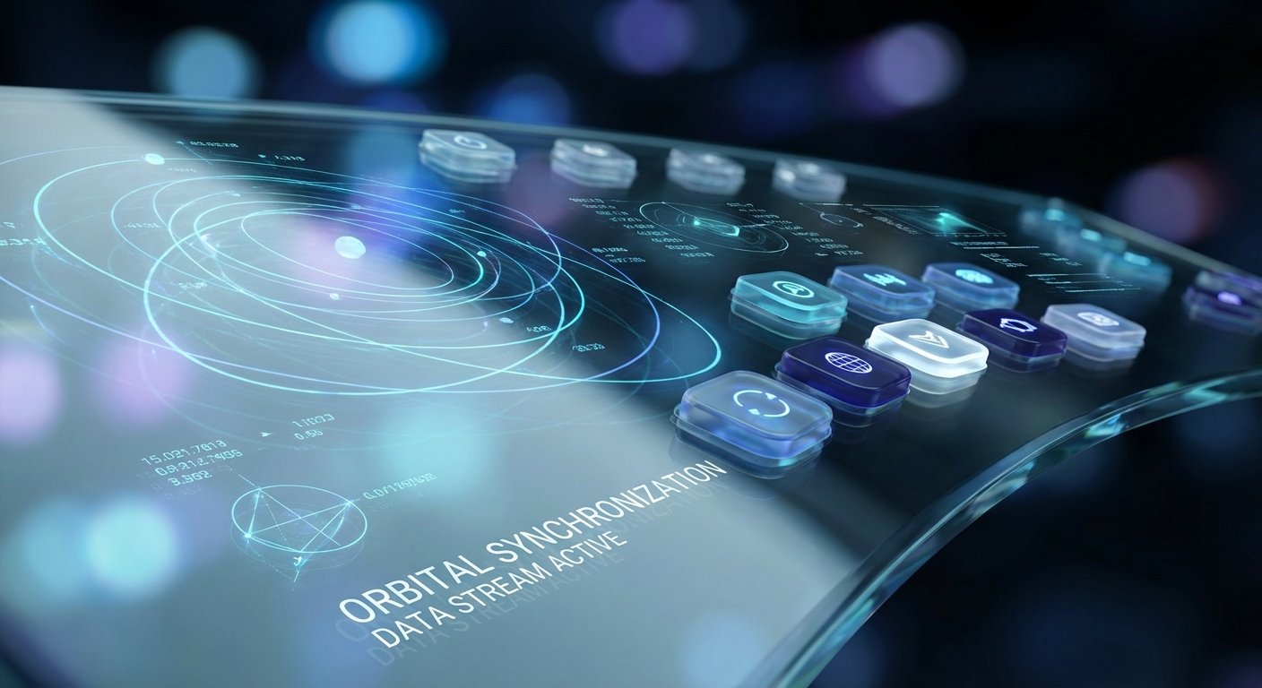 Una pantalla futurista y transparente con proyecciones holográficas de órbitas celestes y datos numéricos. Incluye botones interactivos luminosos y texto que indica 'ORBITAL SYNCHRONIZATION DATA STREAM ACTIVE'.