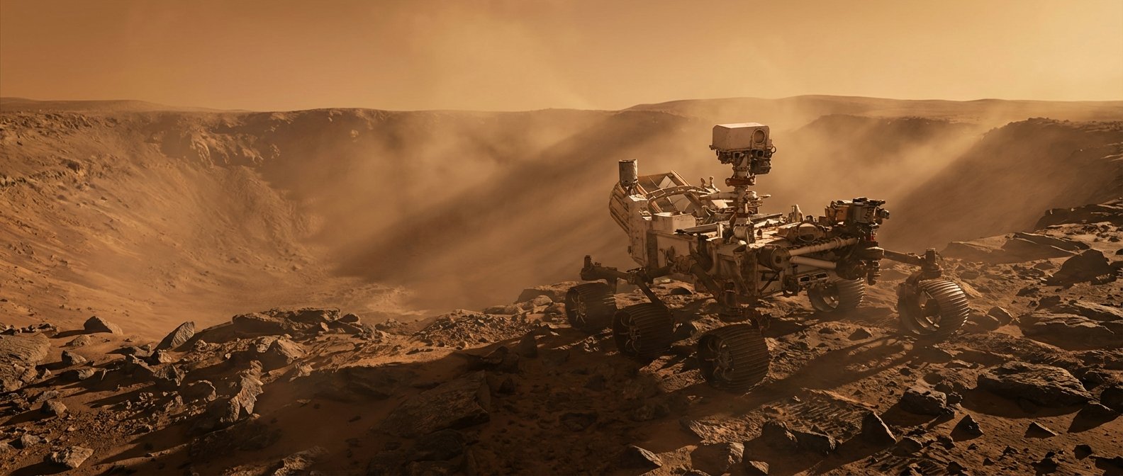 Un rover espacial en la superficie rocosa de Marte, mirando hacia un gran cráter polvoriento bajo un cielo naranja.