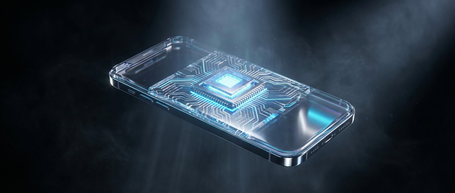 Smartphone transparente con un microchip azul brillante y circuitos electrónicos internos visibles.
