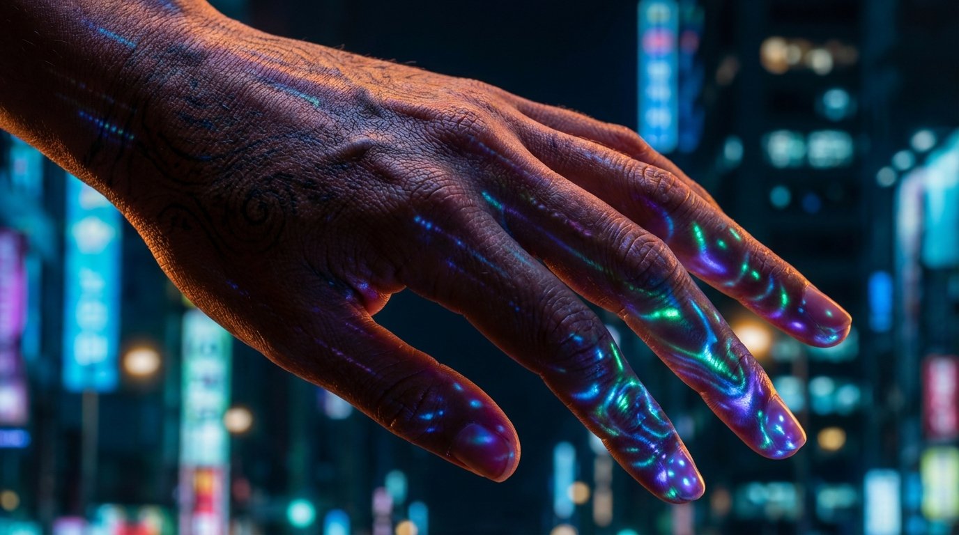 Mano humana con tatuajes ornamentados y patrones luminosos de colores en los dedos, sobre un fondo urbano borroso de luces de neón.