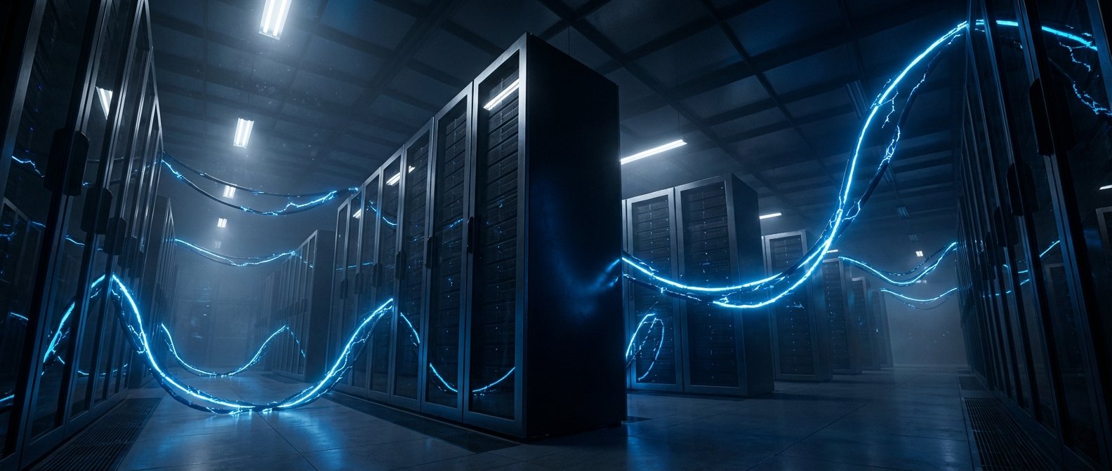 Interior de un centro de datos moderno con filas de racks de servidores en un ambiente oscuro iluminado por líneas de energía o datos azules brillantes que serpentean entre los equipos, simbolizando la transferencia de información.