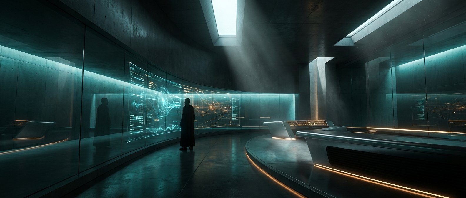 Una persona de pie de espaldas frente a una pared curva de pantallas transparentes que muestran datos futuristas y gráficos en tonos azules y naranjas, en una sala de alta tecnología con paredes de hormigón, luz cenital y consolas modernas con iluminación naranja.