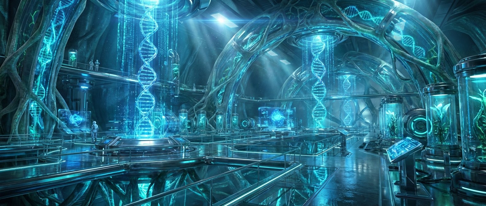 Laboratorio futurista de biotecnología con hologramas de ADN, científicos, plantas en contenedores y pantallas interactivas, en un entorno de tonos azules.
