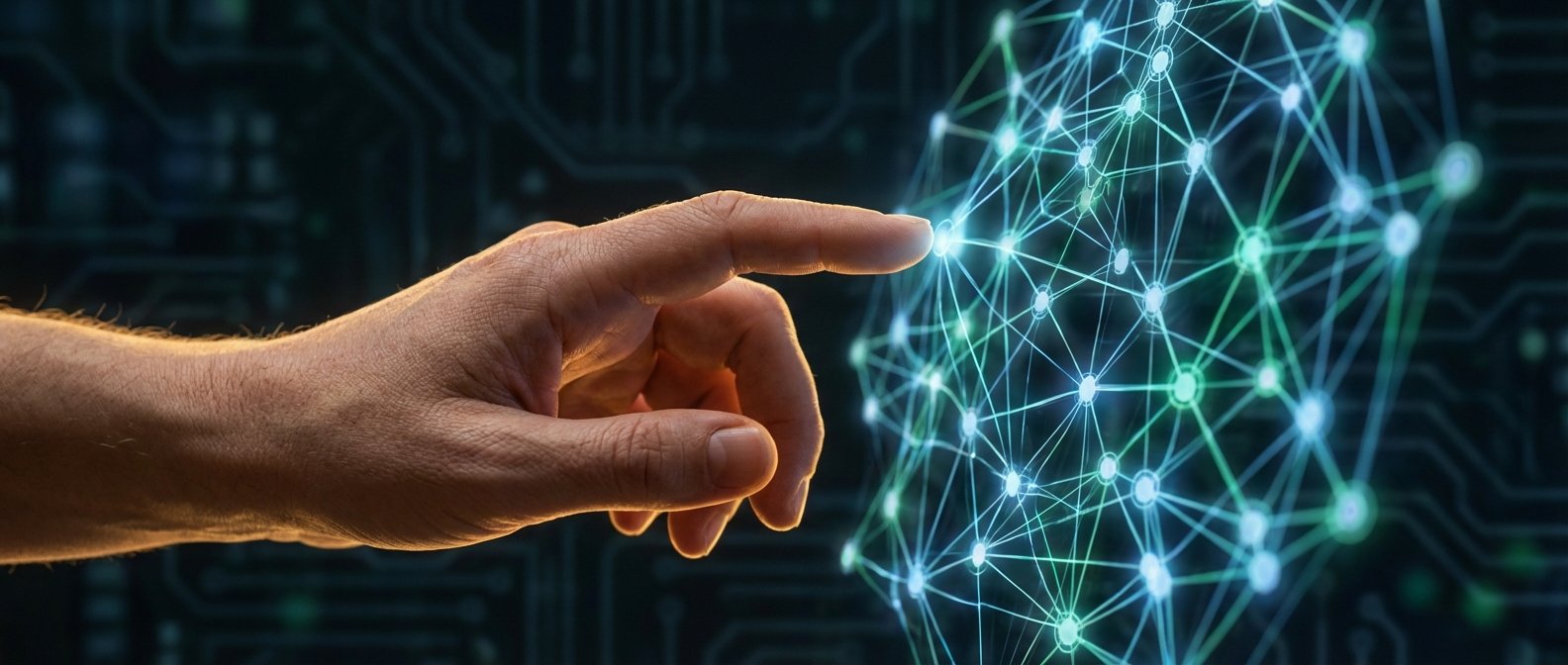 Una mano tocando una red luminosa de puntos y líneas interconectadas, representando conexiones digitales, sobre un fondo oscuro con patrones de circuitos.