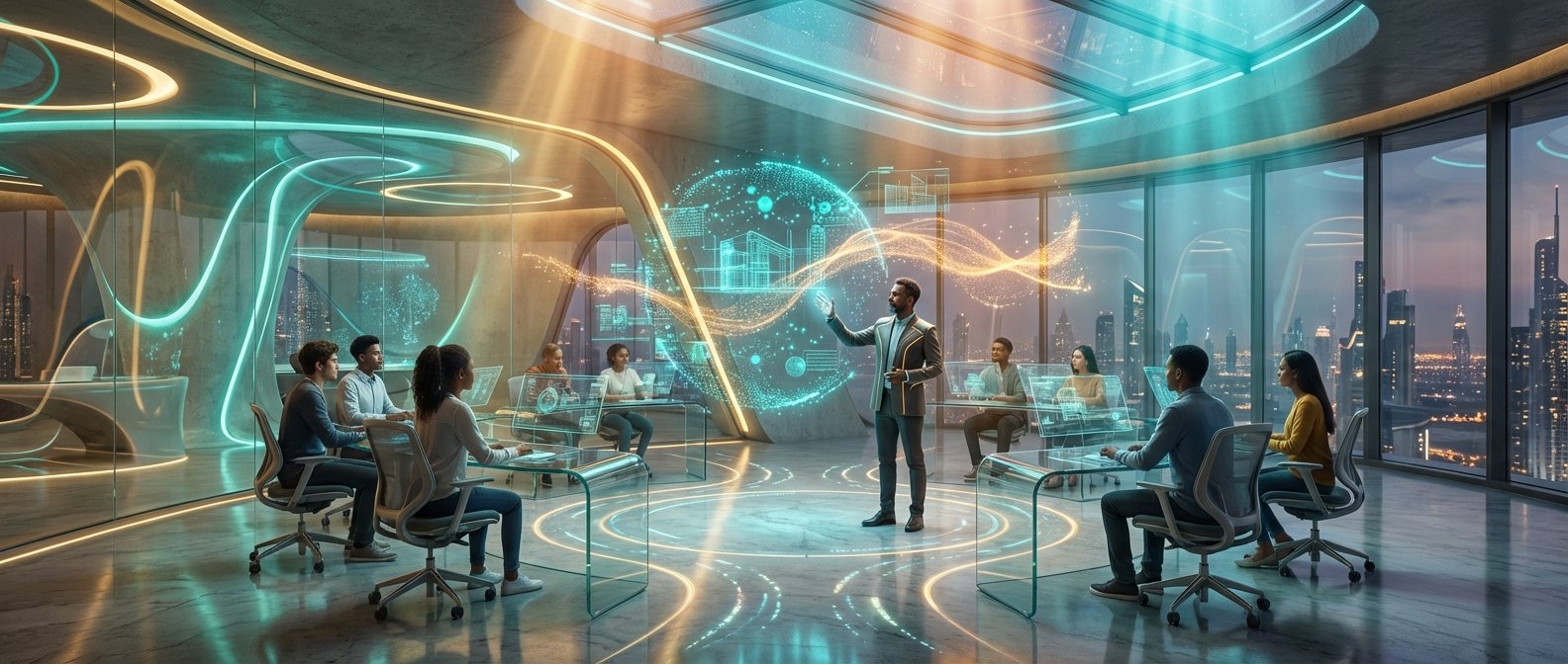 Una sala de reuniones futurista y moderna donde un presentador interactúa con una gran pantalla holográfica mostrando datos y diseños arquitectónicos. Alrededor, un grupo de profesionales trabaja en mesas de cristal transparentes con pantallas virtuales. El espacio cuenta con iluminación de neón en tonos azules y naranjas, y grandes ventanales con vistas a un paisaje urbano nocturno lleno de rascacielos.