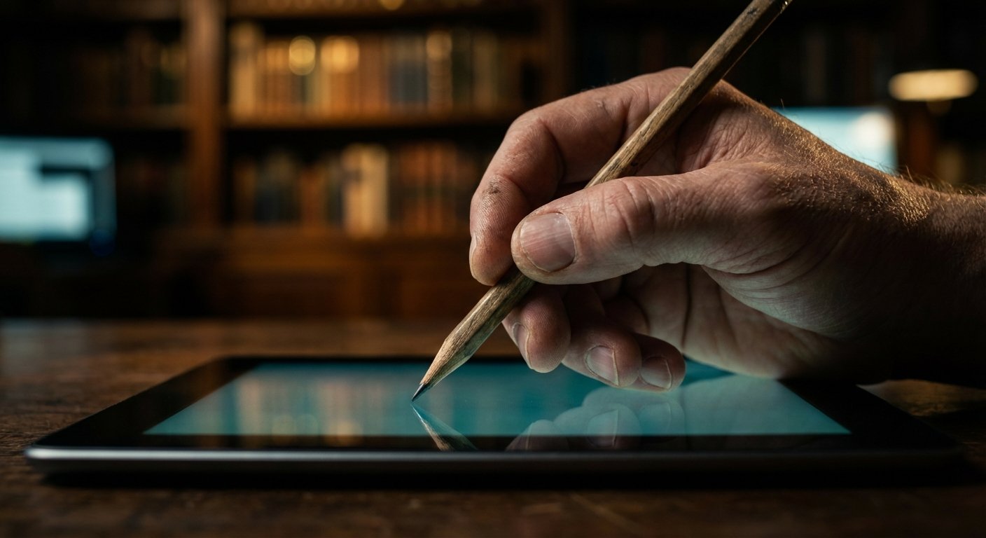 Una mano de persona adulta sostiene un lápiz de madera apuntando a la pantalla iluminada de una tablet colocada sobre una mesa de madera. Al fondo, se ven estanterías con libros borrosas.
