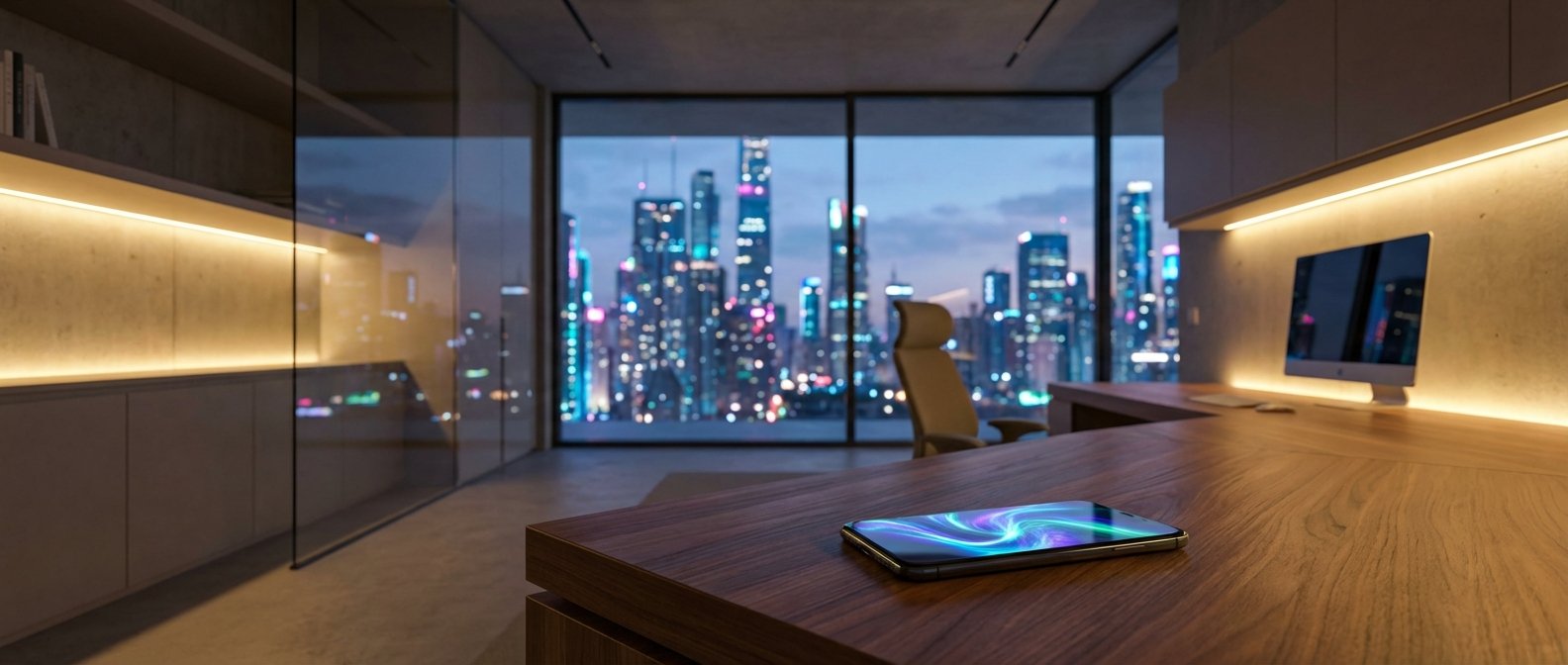 Interior de oficina moderna con grandes ventanales que muestran un paisaje urbano nocturno con rascacielos iluminados. En el primer plano, un smartphone con una pantalla de colores vibrantes reposa sobre un escritorio de madera. La oficina cuenta con iluminación LED indirecta que resalta las paredes de hormigón y se observa un monitor de computadora en otra sección del escritorio.