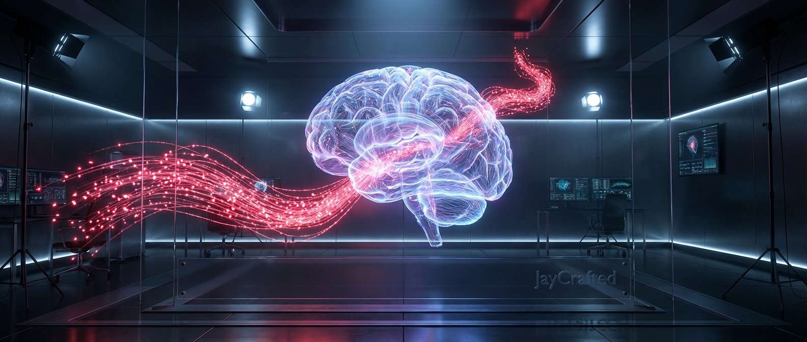 Visualización holográfica de un cerebro humano translúcido con conexiones neuronales luminosas y flujos de datos rojos en un laboratorio de alta tecnología con paneles de cristal y pantallas de monitoreo.