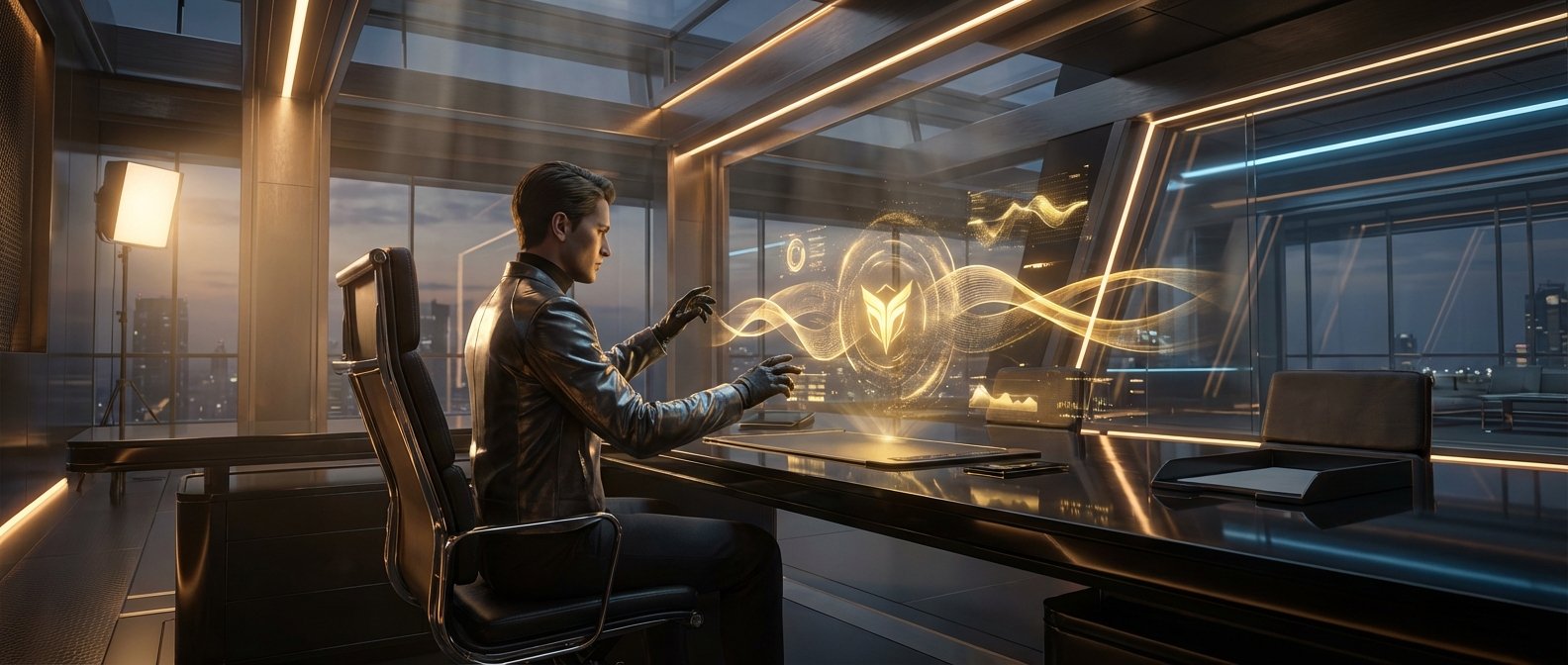 Un hombre con chaqueta de cuero y guantes negros está sentado en una silla de oficina moderna, manipulando una interfaz holográfica dorada que muestra un logotipo y gráficos de datos. La escena transcurre en una oficina de lujo con grandes ventanales que ofrecen vistas a una ciudad al anochecer, con iluminación LED dorada y azul.