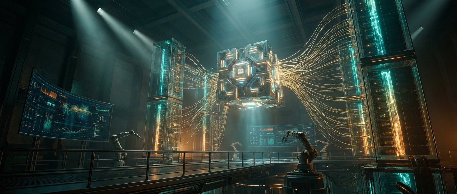 Sala de tecnología futurista con un gran cubo central iluminado por luces azules y naranjas, conectado por cables dorados a torres de servidores transparentes. En primer plano, una pasarela con brazos robóticos y pantallas curvas muestran datos complejos.