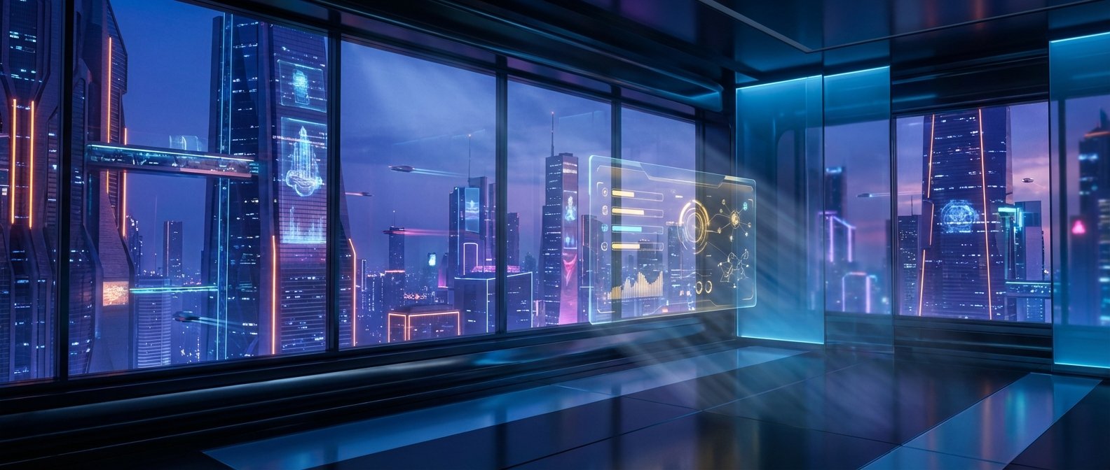Vista panorámica de una ciudad futurista al anochecer desde el interior de una oficina moderna. Se ven rascacielos iluminados con luces de neón azules y naranjas, vehículos voladores y un puente que conecta dos edificios. Una gran pantalla holográfica transparente con gráficos y datos complejos domina el primer plano, reflejándose en el suelo brillante.