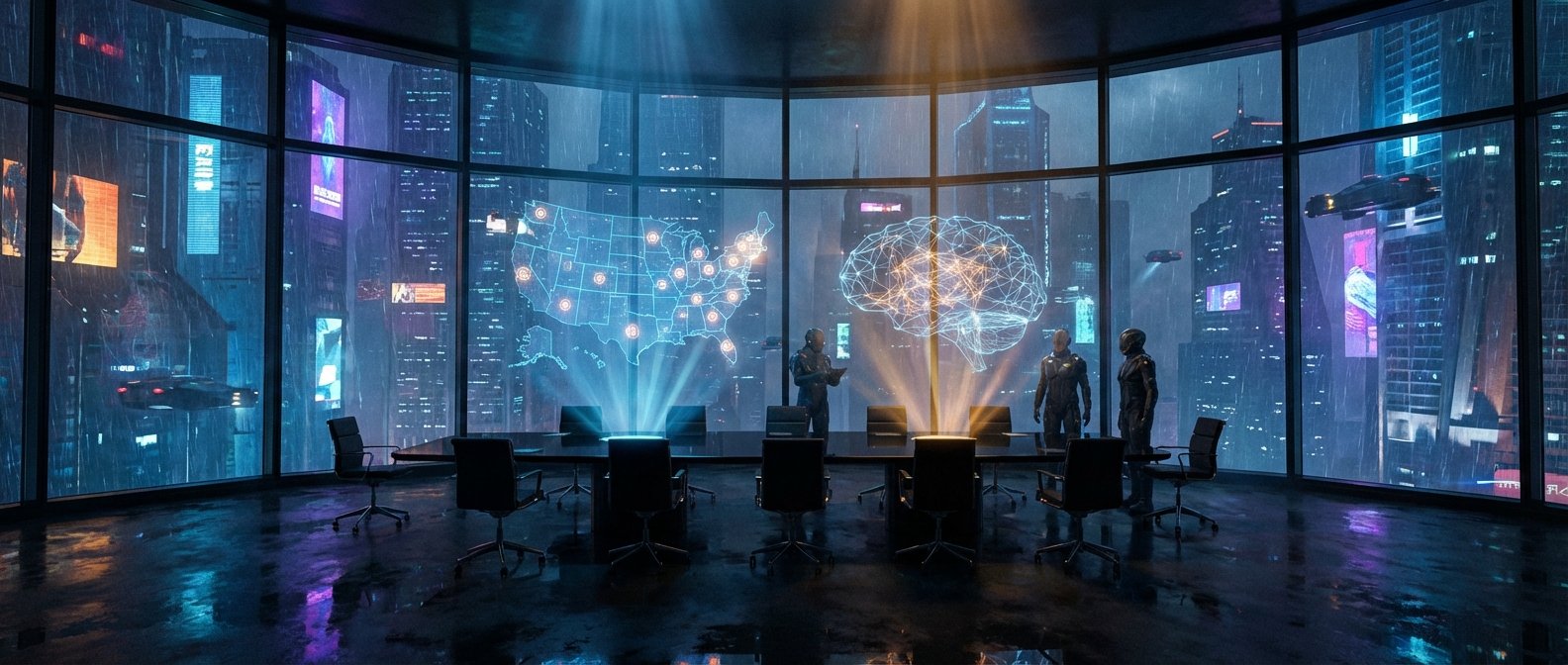 Sala de reuniones futurista con grandes ventanales con vistas a una ciudad ciberpunk lluviosa de noche. En el interior, tres figuras con trajes avanzados observan proyecciones holográficas de un mapa de Estados Unidos con puntos de datos y un cerebro humano brillante sobre una mesa oscura. Afuera, se aprecian rascacielos iluminados con carteles digitales y vehículos voladores en medio de la lluvia.