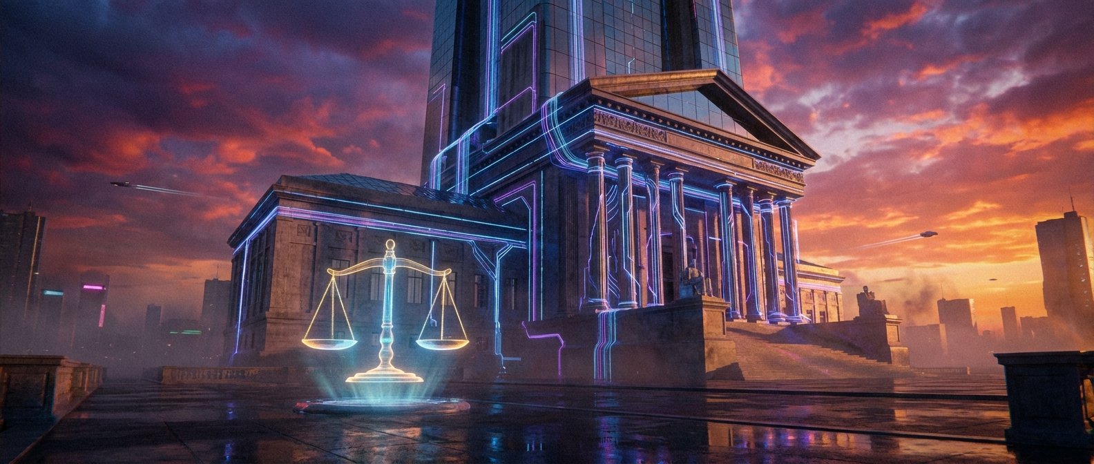 Edificio de justicia futurista con arquitectura clásica iluminada por luces de neón azules y púrpuras. Un holograma brillante de la balanza de la justicia flota en primer plano. La imagen muestra una ciudad al atardecer con rascacielos, vehículos voladores y un cielo vibrante de tonos naranjas y morados.