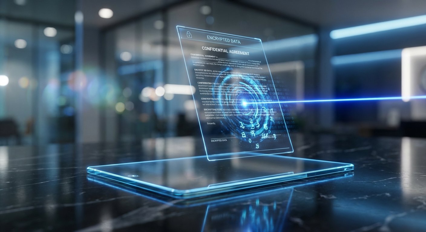 Una tablet transparente sobre una mesa oscura proyecta un holograma de un acuerdo confidencial encriptado. La pantalla muestra datos seguros, un escáner de huella digital y un haz de luz azul en un entorno de oficina futurista.
