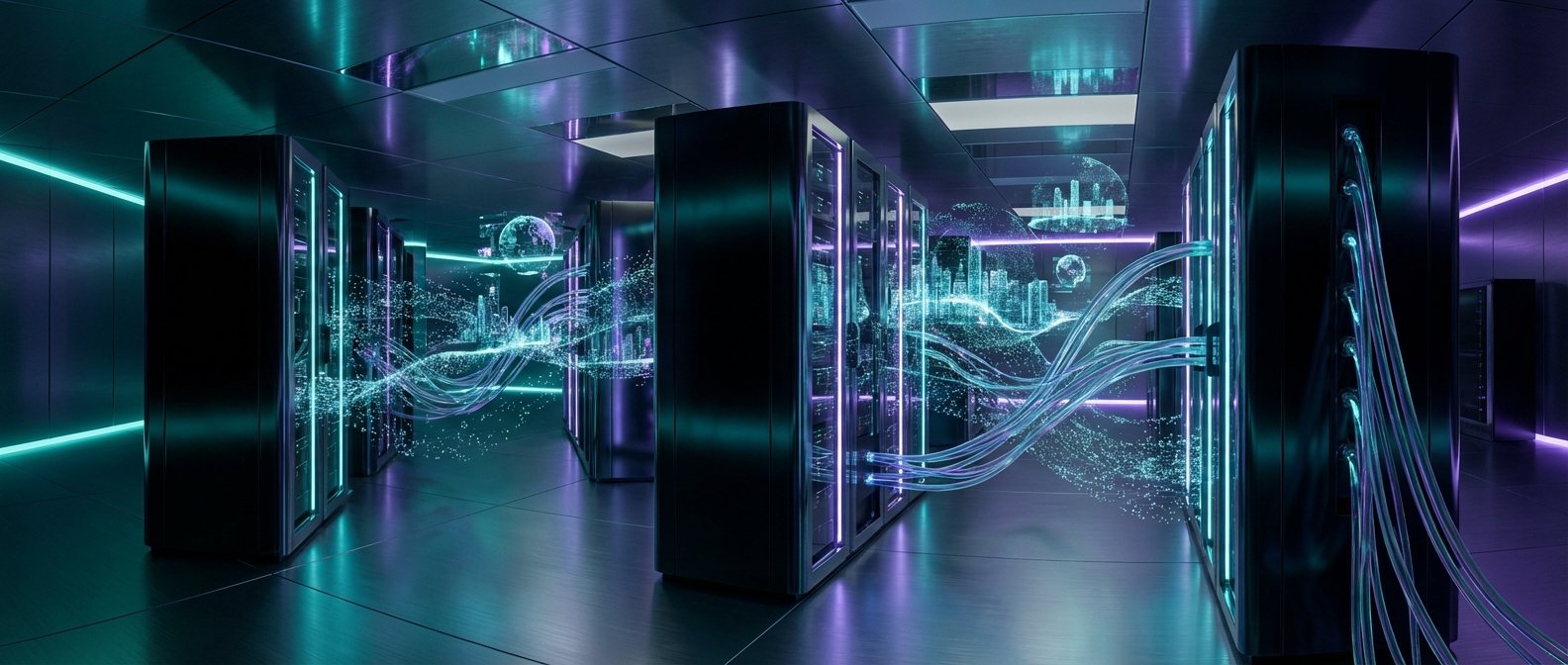 Pasillo de un centro de datos futurista con racks de servidores iluminados con luces de neón azules y púrpuras. Flujos de datos visualizados como partículas brillantes forman ciudades digitales y un globo terráqueo holográfico, conectando los servidores con cables luminosos.