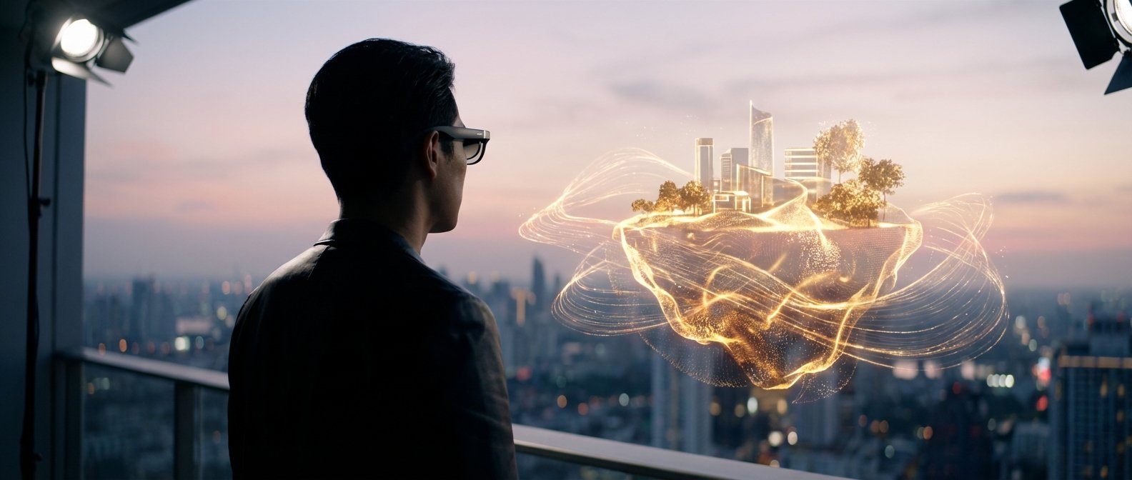 Hombre con gafas de realidad aumentada en un balcón, contemplando una ciudad virtual flotante con rascacielos y árboles dorados, superpuesta sobre un horizonte urbano al atardecer, con focos de estudio.