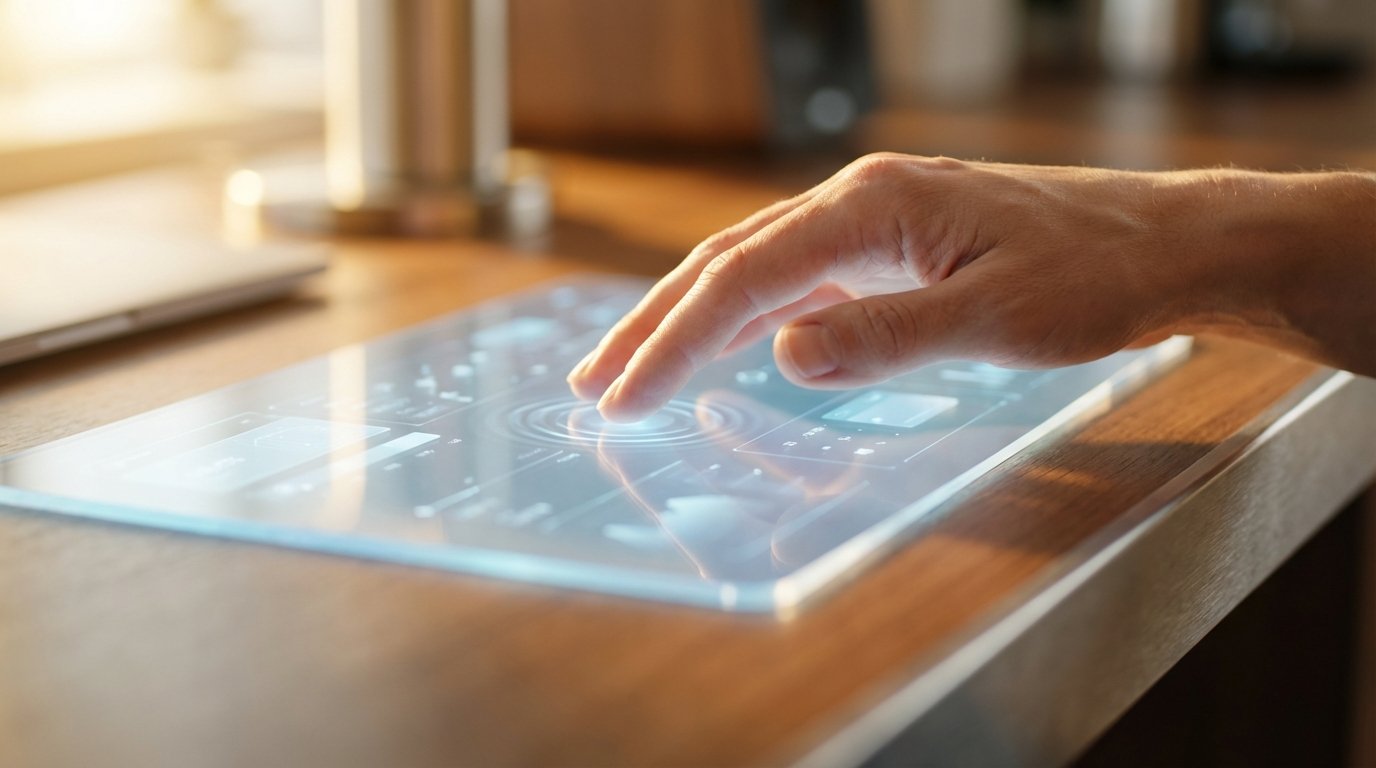 Una mano presiona una interfaz holográfica brillante en una pantalla táctil transparente, integrada en un escritorio de madera.