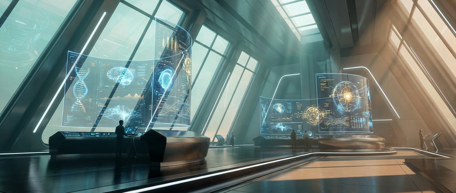 Sala de control o laboratorio futurista con varias personas frente a grandes pantallas holográficas curvas que muestran estructuras de ADN, cerebros y complejos datos científicos, en un entorno de alta tecnología con ventanales.