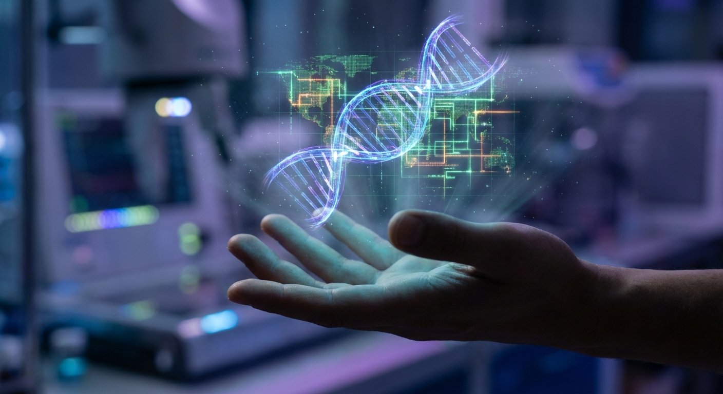 Mano sosteniendo una proyección holográfica brillante de una doble hélice de ADN y un mapa mundial digital en un entorno de laboratorio de alta tecnología.