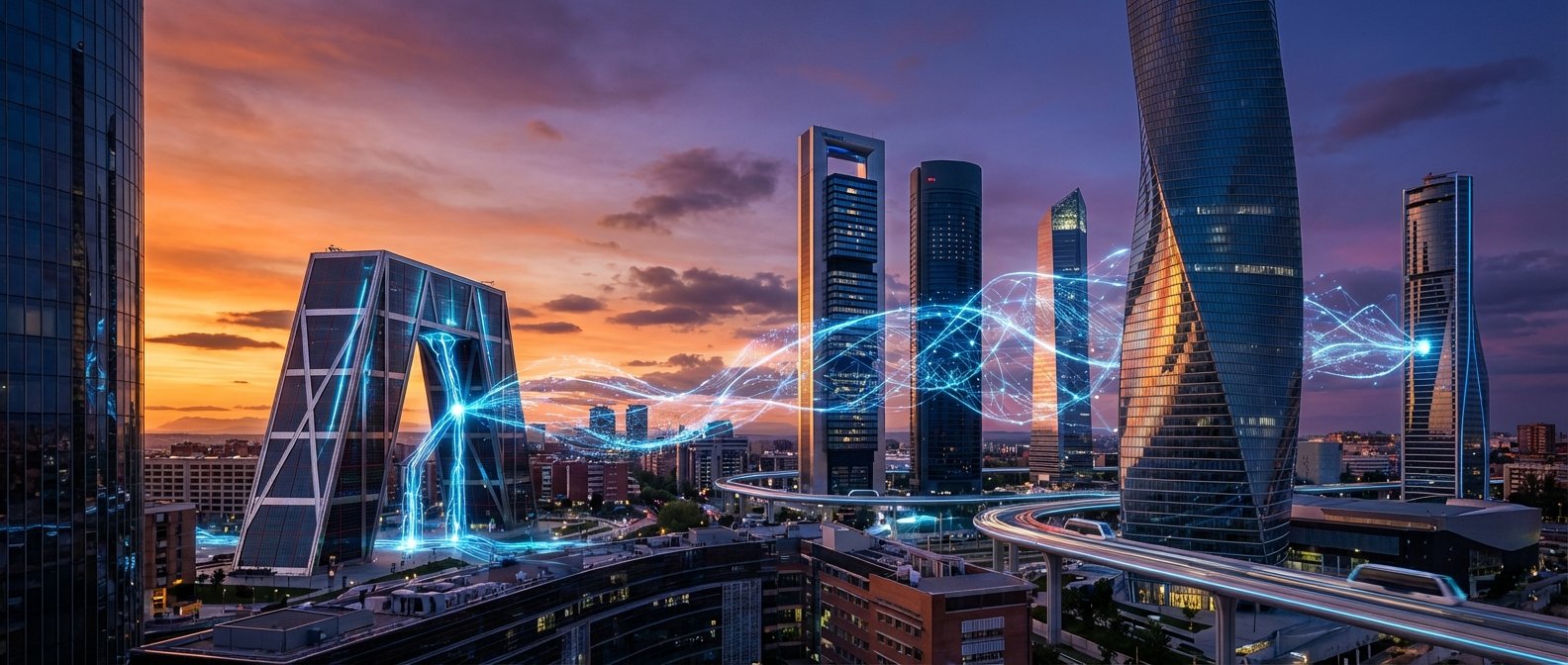 Paisaje urbano de Madrid al atardecer con rascacielos icónicos, líneas de luz azul que simbolizan la conectividad digital y un tren elevado futurista.