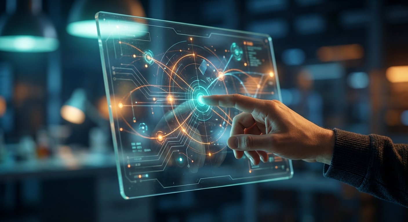 Una mano humana toca una pantalla digital transparente con una interfaz futurista de gráficos luminosos interconectados en tonos azules y naranjas, en un entorno de luces difusas.