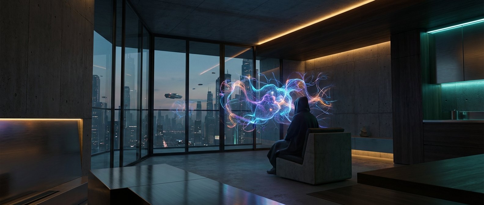 Una persona encapuchada sentada en un sillón dentro de un apartamento moderno con vistas a una ciudad futurista al atardecer. Delante, una proyección holográfica de luces brillantes y coloridas representa una red neuronal.