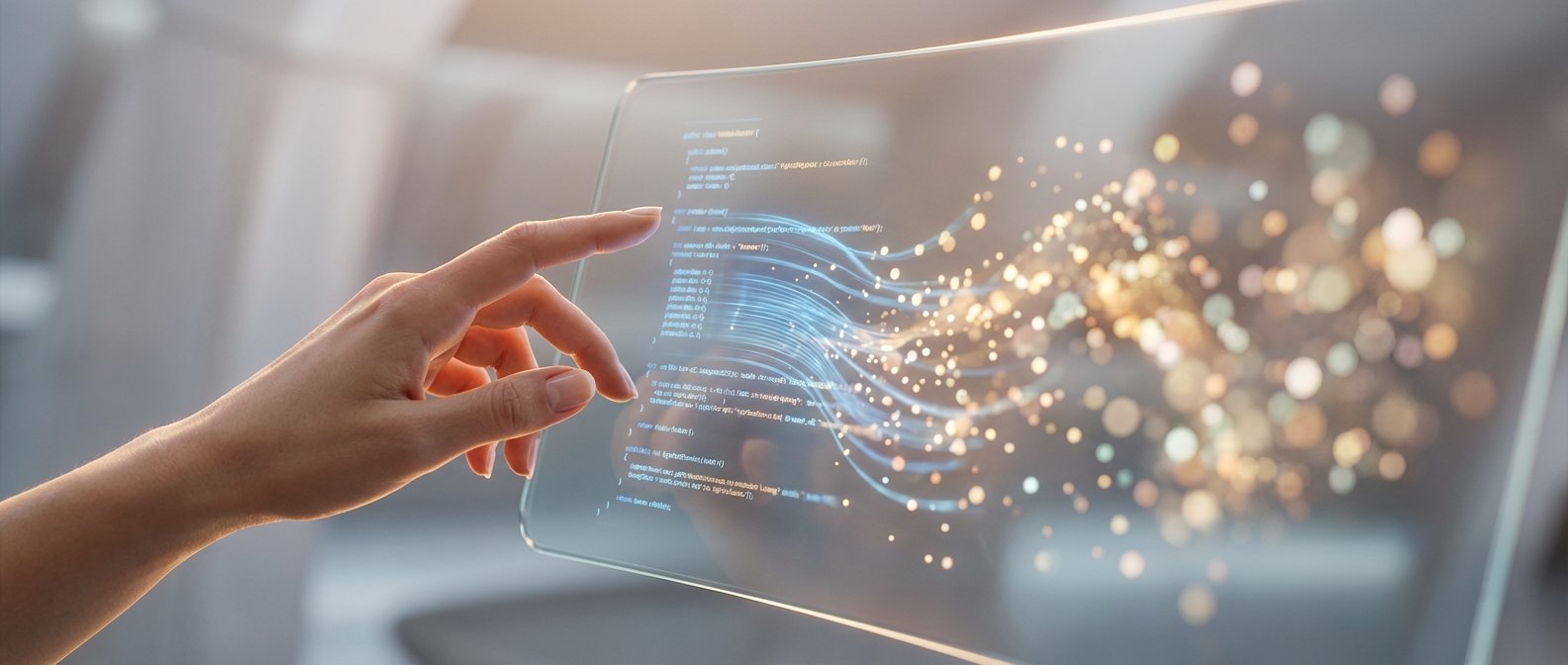 Mano de una persona tocando una pantalla táctil transparente que muestra líneas de código de programación y una visualización de datos con ondas luminosas azules y partículas brillantes doradas.