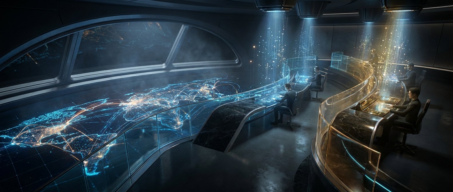 Sala de control futurista con una gran mesa curva que proyecta un mapa global de puntos de luz y líneas de conexión. Varias personas sentadas en estaciones de trabajo interactúan con pantallas transparentes y flujos de datos holográficos que descienden del techo.