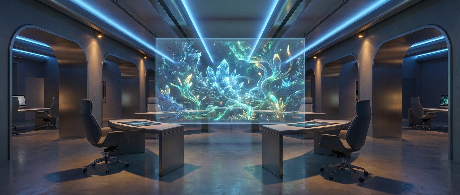 Una sala de conferencias futurista con una gran pantalla holográfica transparente que proyecta cristales y plantas luminosas. En primer plano hay dos escritorios modernos con sillas, y el espacio tiene iluminación LED azul y arcos arquitectónicos a los lados.