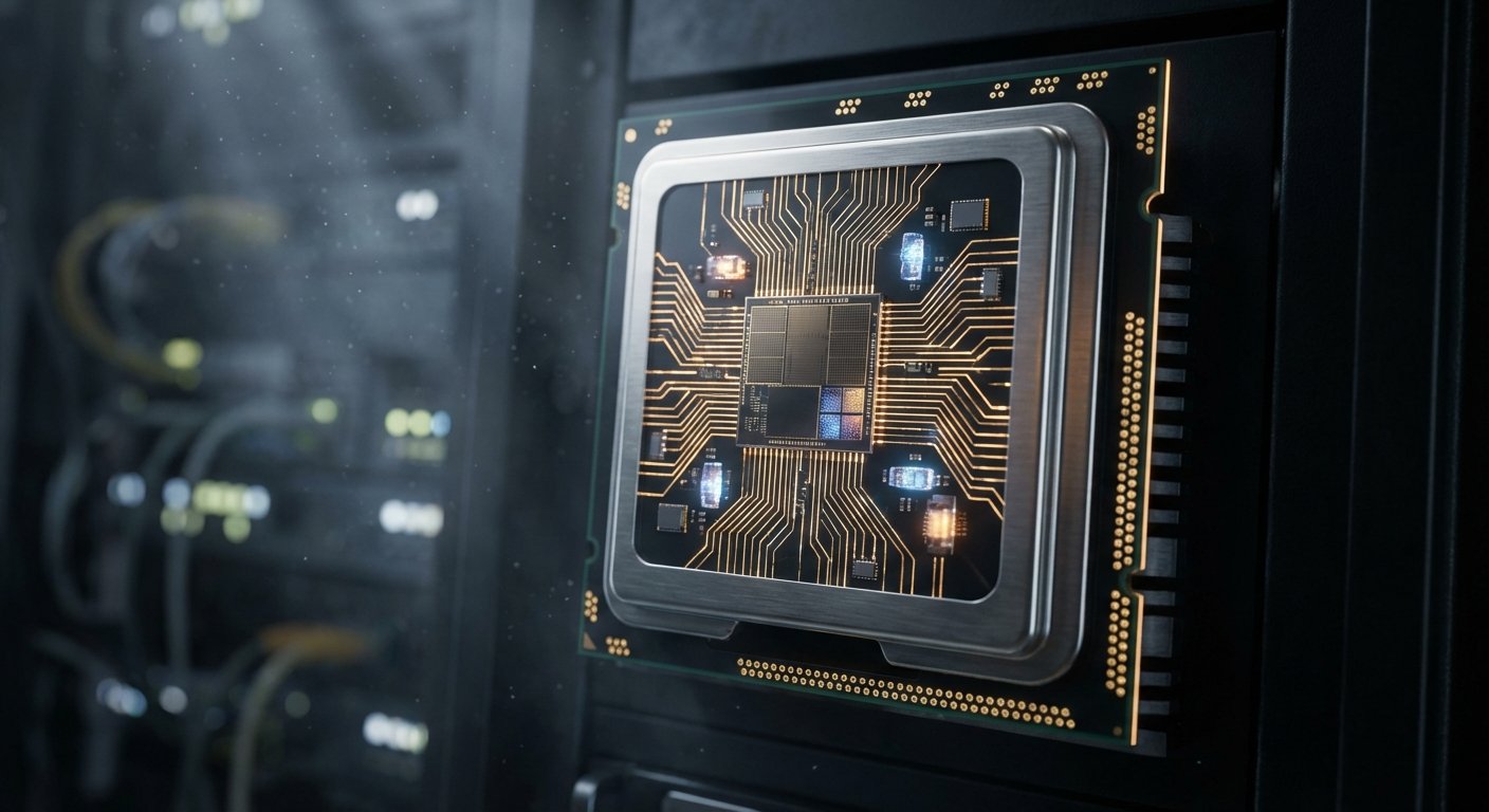 Un primer plano detallado de un chip de procesador con intrincados circuitos dorados brillantes y componentes iluminados, montado en una placa base dentro de un entorno de servidor o centro de datos difuminado.