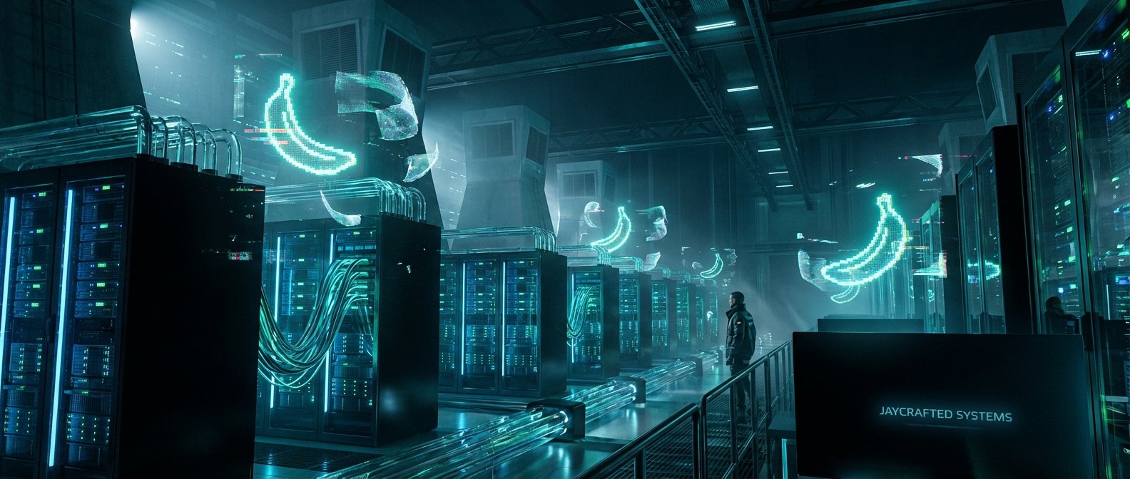 Un hombre en un centro de datos futurista con filas de servidores iluminados en azul y verde. Hologramas de plátanos pixelados flotan en el aire, algunos desintegrándose, con cables luminosos verdes y un letrero de 'JAYCRAFTED SYSTEMS'.