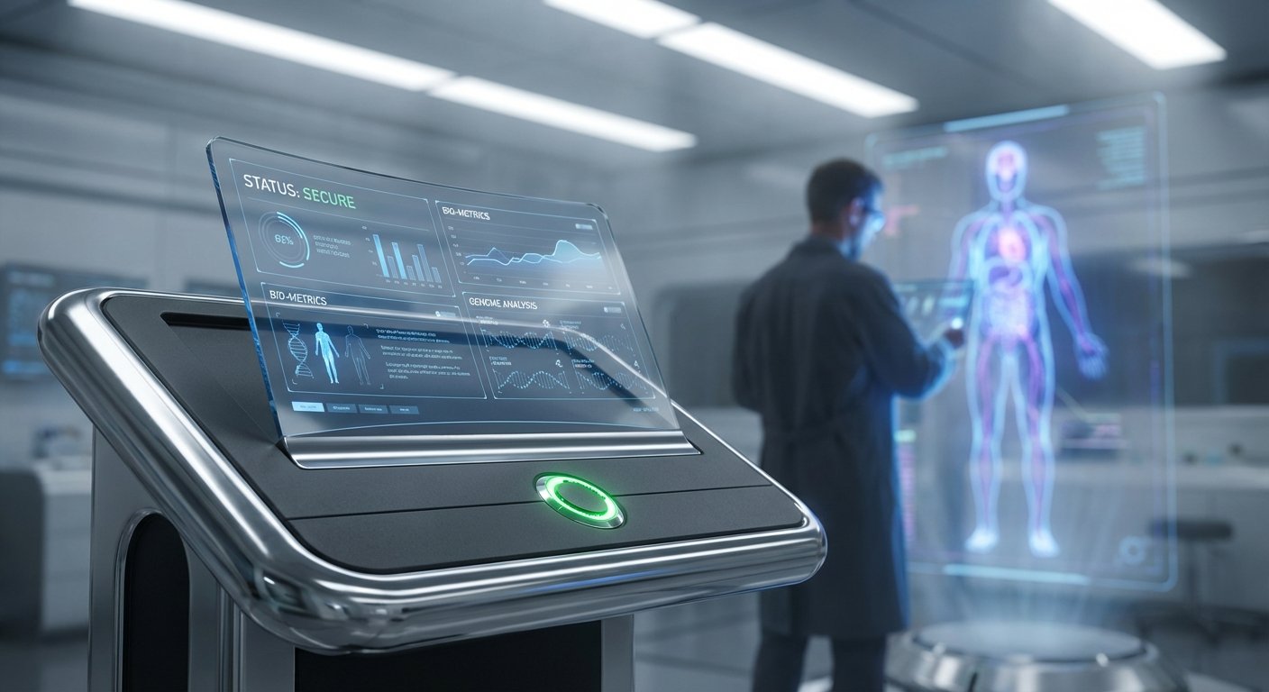 Consola médica futurista con pantalla holográfica que muestra datos de biométricos, análisis genómico y estado de seguridad. En el fondo, un científico con bata de laboratorio interactúa con una gran proyección holográfica de anatomía humana en un entorno de laboratorio moderno.