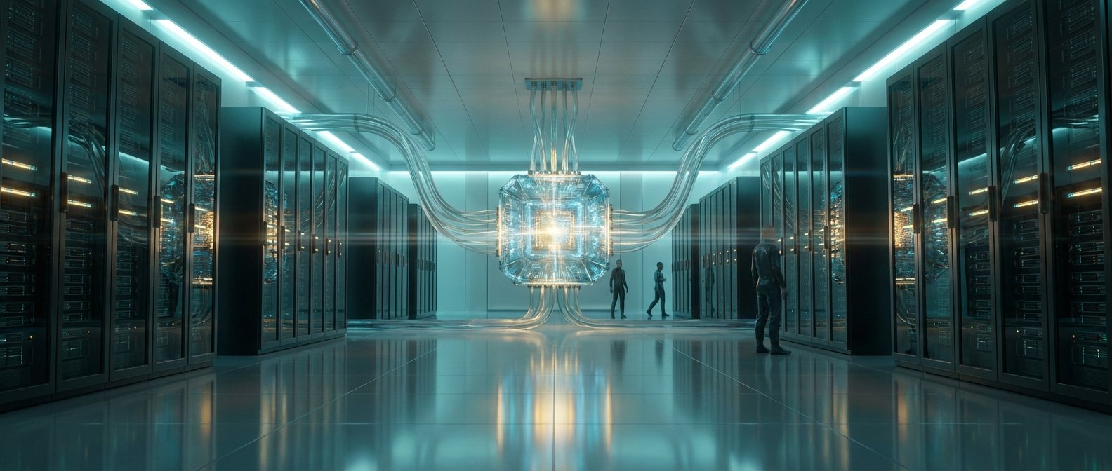 Una sala de servidores futurista con filas de racks a los lados, una gran unidad central de procesamiento luminosa y varias personas observando el entorno de alta tecnología.