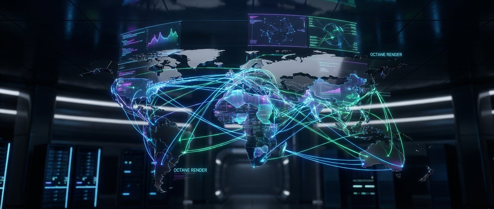 Un mapa mundial holográfico tridimensional que muestra una red global de conexiones con líneas luminosas azules, verdes y y moradas entre diferentes países y continentes. En la parte superior, pantallas transparentes presentan gráficos de datos, estadísticas y segmentos de código. La escena transcurre en un entorno de centro de datos o sala de control oscura con estantes de servidores iluminados al fondo.