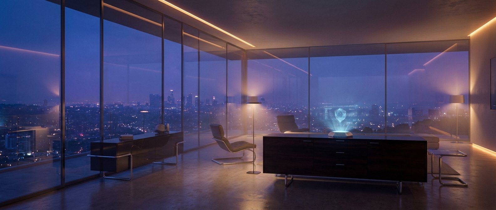 Interior moderno con grandes ventanales que ofrecen una vista nocturna de una ciudad iluminada. El espacio está amueblado con mobiliario contemporáneo y luces cálidas, e incluye una proyección holográfica azul brillante sobre un aparador.
