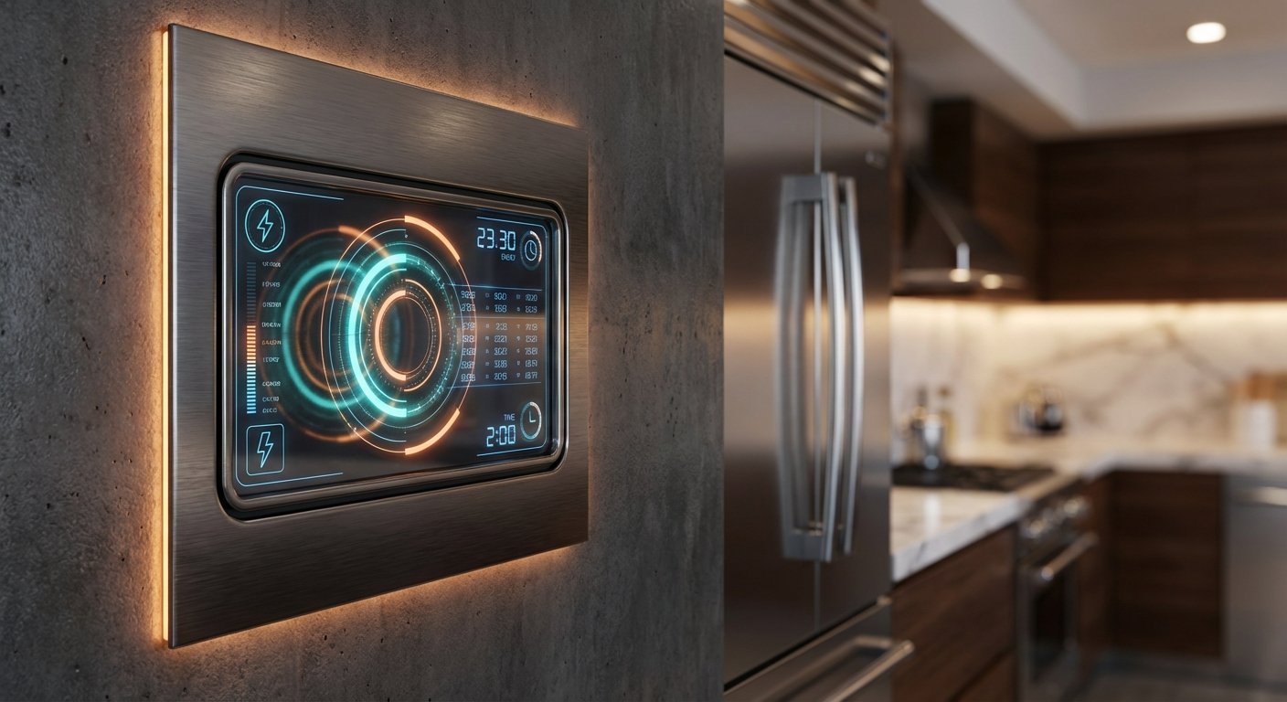 Panel de control domótico de pantalla táctil brillante con interfaz futurista en una pared de hormigón, con iluminación ambiental naranja, y una cocina moderna con electrodomésticos de acero inoxidable y encimeras de mármol al fondo.