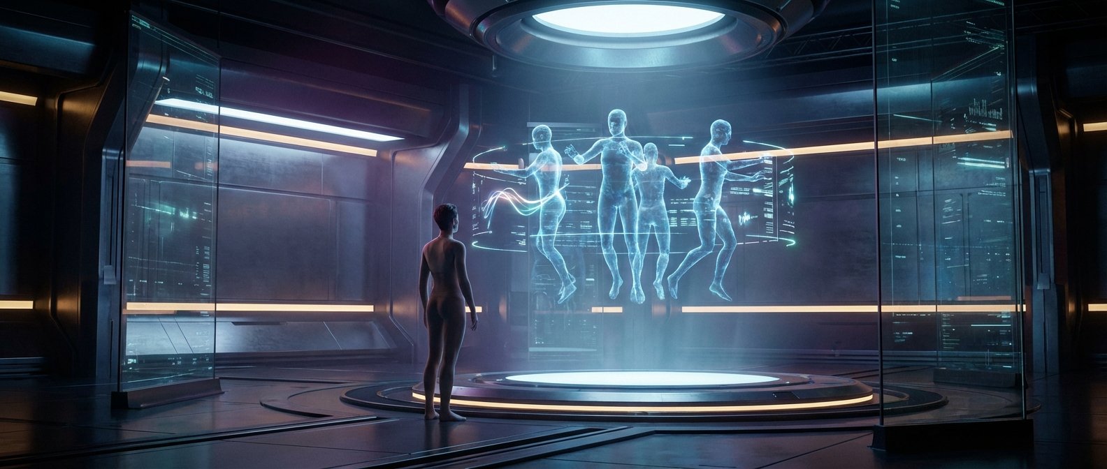 Una persona de espaldas observando cinco hologramas azules de figuras humanas sobre una plataforma luminosa en una sala futurista de tecnología avanzada.