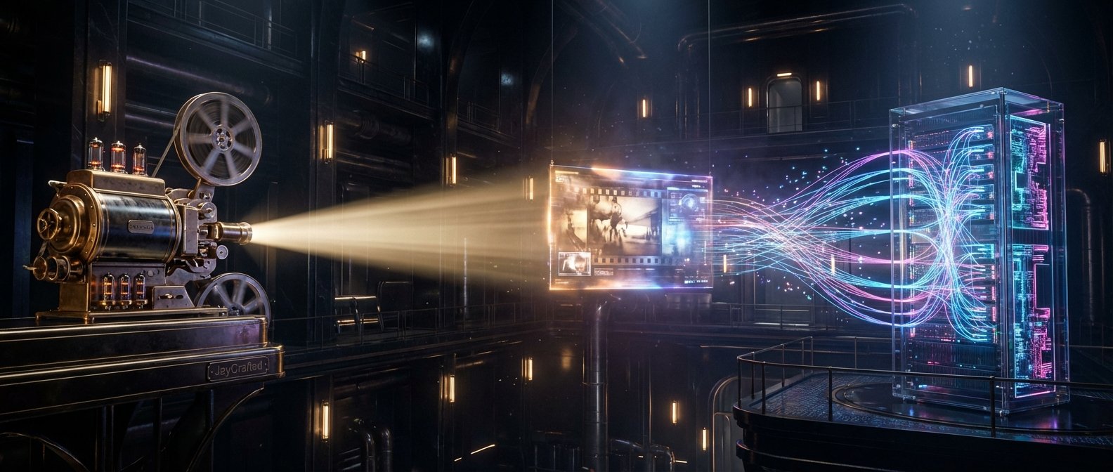 Proyector de cine antiguo estilo steampunk proyectando luz sobre una pantalla holográfica con imágenes de películas, de la que emanan flujos de datos brillantes hacia un rack de servidores digital iluminado. El entorno es una sala oscura e industrial con detalles metálicos.
