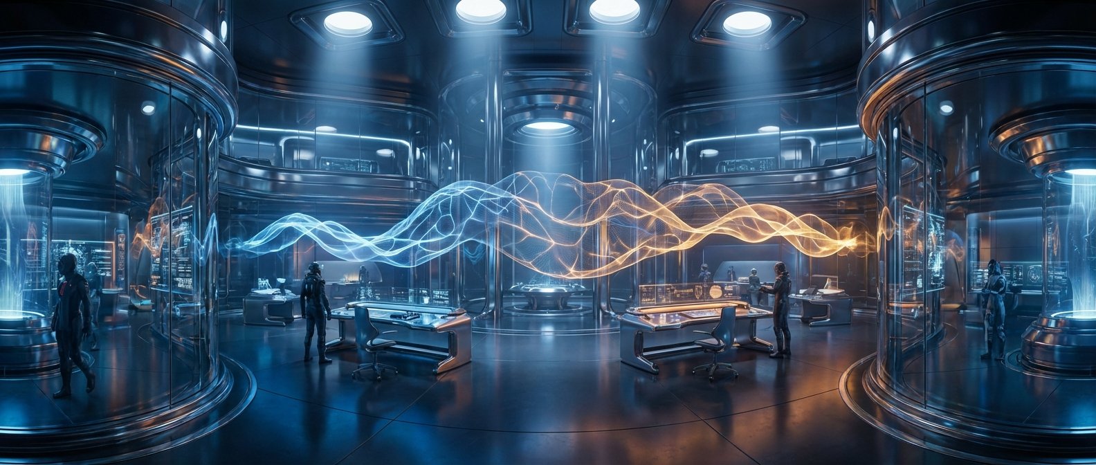 Interior de un laboratorio futurista con paredes metálicas y de cristal, donde varias personas interactúan con estaciones de trabajo avanzadas y pantallas holográficas. En el centro, una onda de energía lumínica bicolor, azul y naranja, atraviesa la sala. Grandes cilindros de cristal con luz azul flanquean los lados.