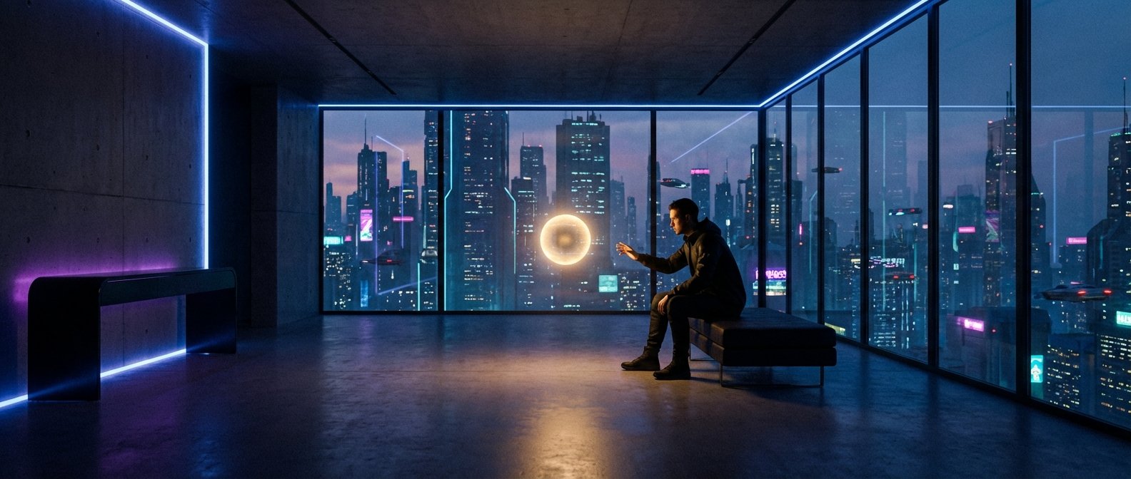 Un hombre sentado en un banco en una habitación moderna, extendiendo su mano hacia una esfera de luz flotante. Al fondo, se ve una ciudad futurista nocturna con rascacielos iluminados, luces de neón azules y púrpuras, y vehículos voladores.
