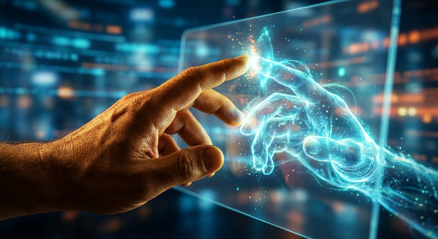 Una mano humana toca una mano digital luminosa de color azul a través de una interfaz transparente, generando chispas de energía en el punto de contacto. El fondo muestra luces tecnológicas difuminadas.