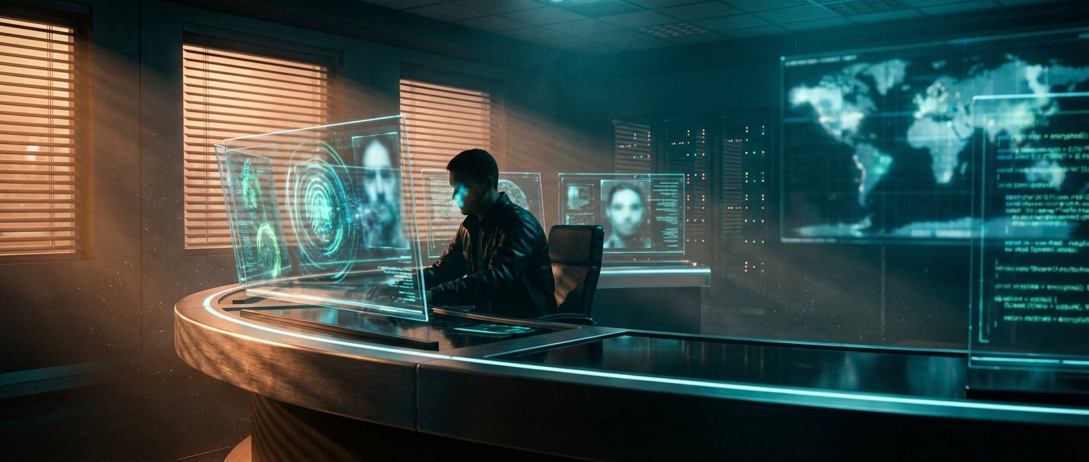 Un hombre sentado en una sala de control oscura e interactúa con múltiples pantallas holográficas que muestran huellas dactilares, rostros y mapas mundiales, con iluminación ambiental azul y cálida.