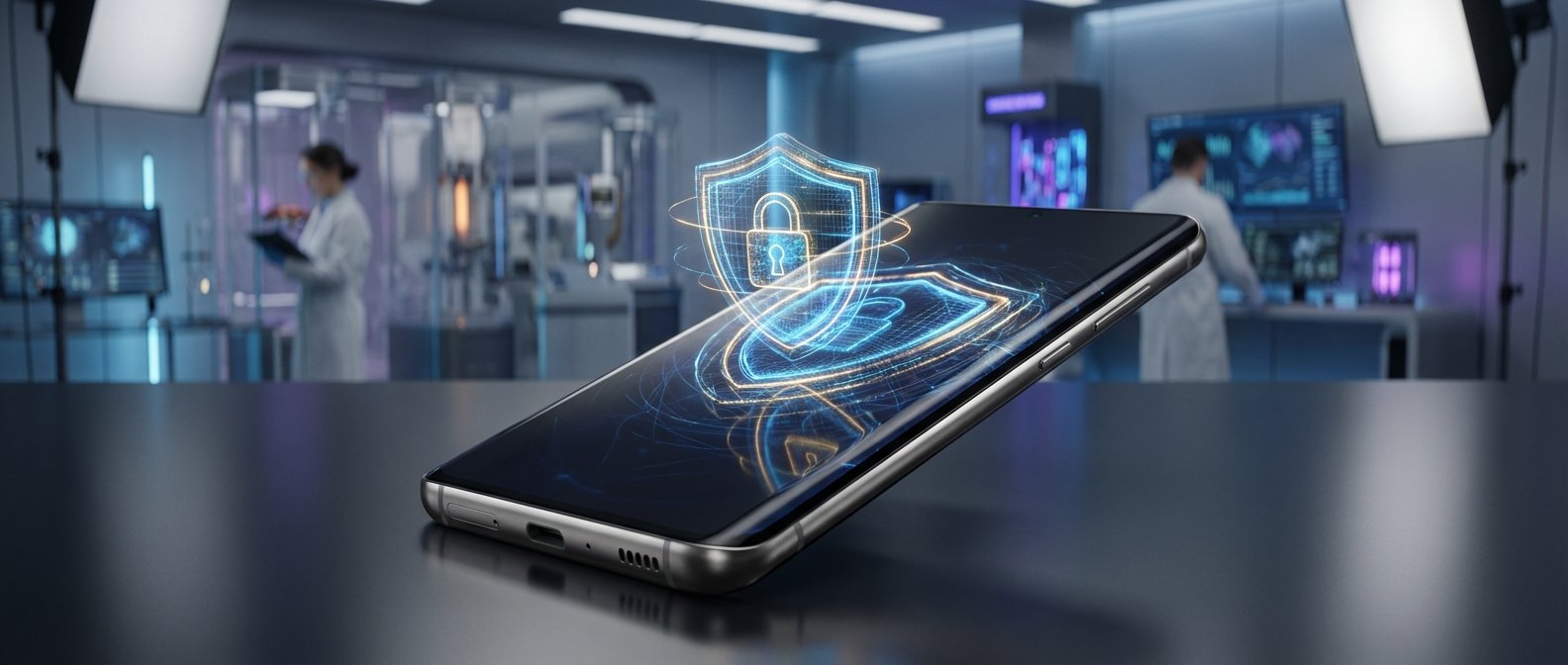 Smartphone con un escudo de seguridad digital brillante y un candado emergiendo de su pantalla, sobre una mesa oscura y reflectante. Al fondo, un laboratorio tecnológico moderno y borroso con científicos trabajando.