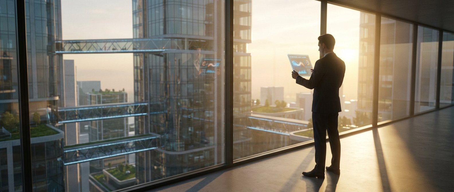 Un empresario de traje está de pie en una oficina moderna con grandes ventanales, observando una tablet transparente que muestra gráficos de datos. Al fondo se aprecia una ciudad futurista con rascacielos de cristal interconectados por puentes aéreos y cubiertas verdes, bañada por la luz dorada del atardecer.