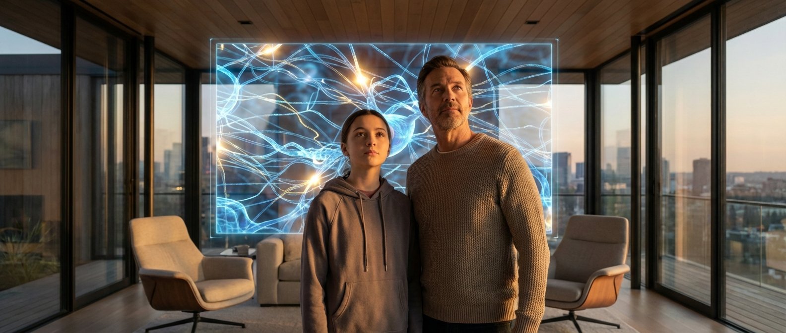 Un hombre y una niña de pie en un salón moderno, mirando una gran proyección holográfica azul y amarilla de neuronas. Al fondo, se ve un paisaje urbano a través de grandes ventanales al atardecer.